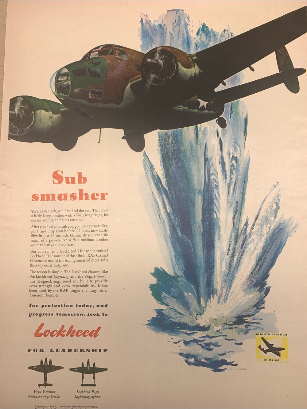 'Sub Smasher' Vintage Lockheed Aircraft Ad Life Magazine April 5, 1943
